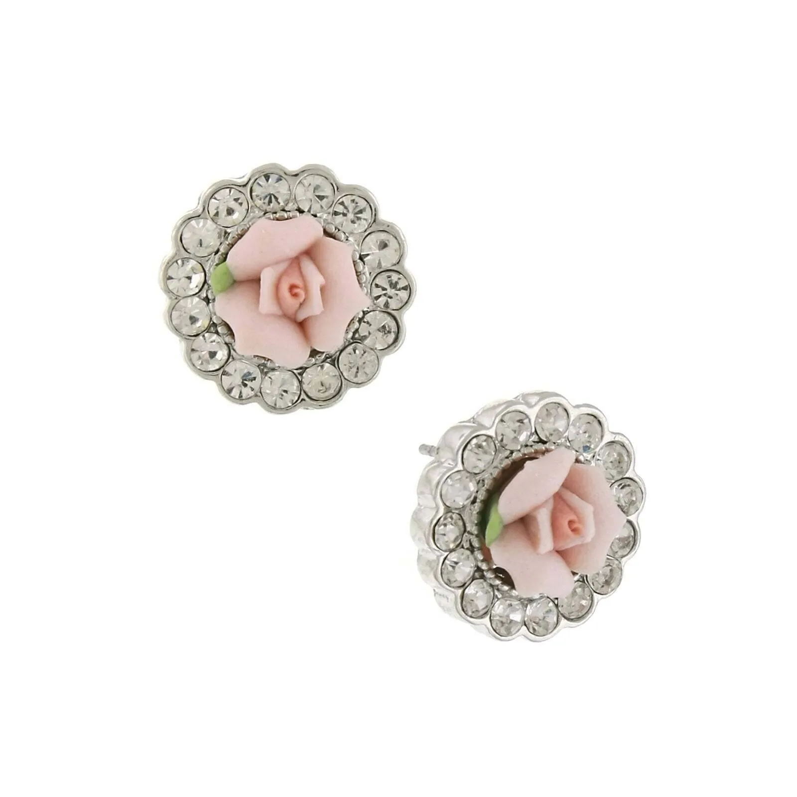 1928 Jewelry Pink Porcelain Rose Crystal Accent Post Earrings 1928 Jewelry