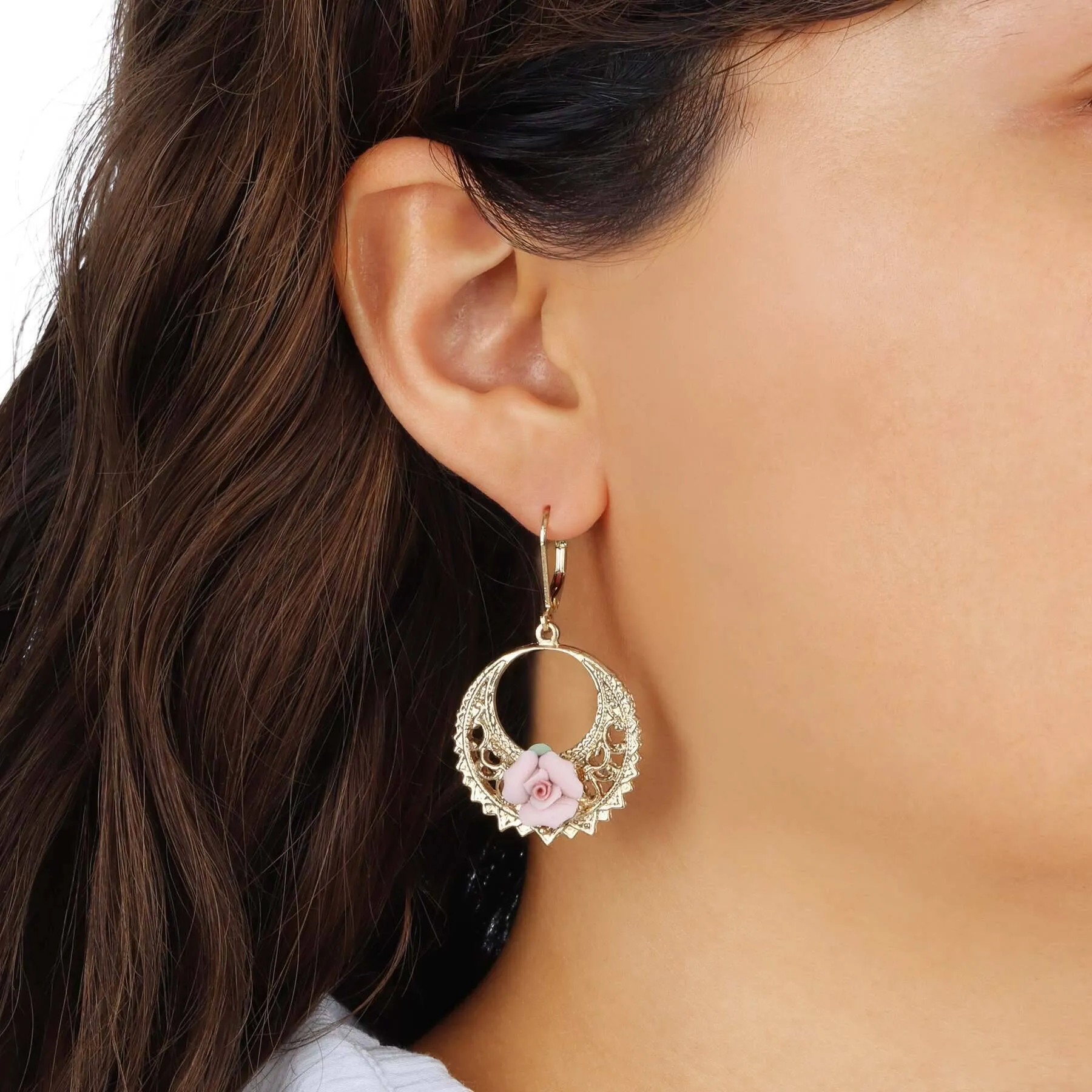 1928 Jewelry Pink Porcelain Rose Hoop Earrings 1928 Jewelry