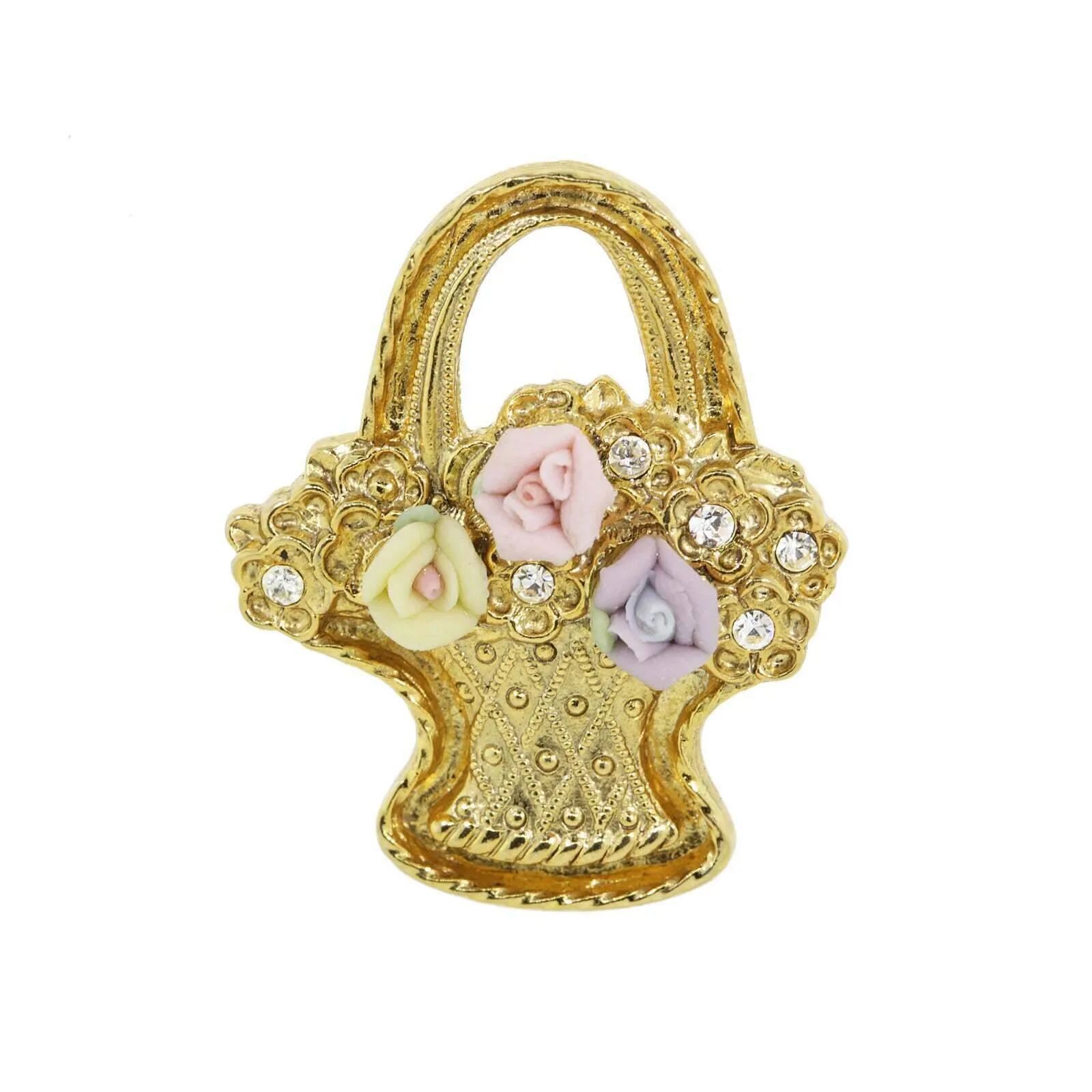 1928 Jewelry Pink, Purple, And Ivory Genuine Porcelain Rose Flower Basket Pin 1928 Jewelry