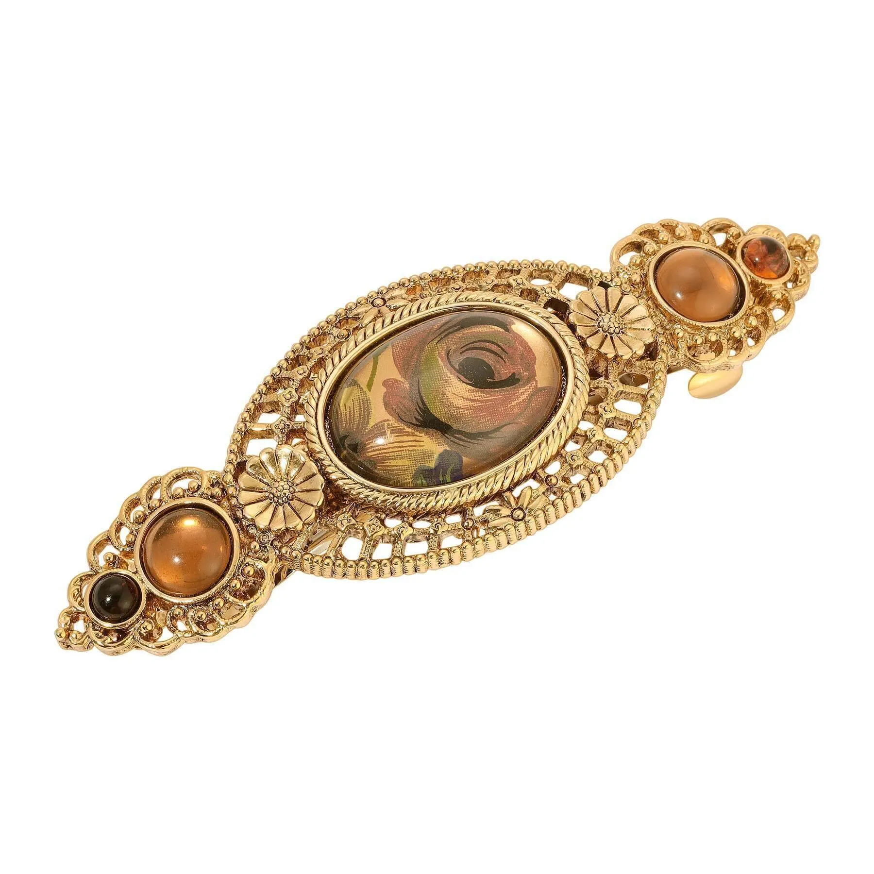 1928 Jewelry Pink Rose Decal Round Stone Floral Hair Barrette 1928 Jewelry