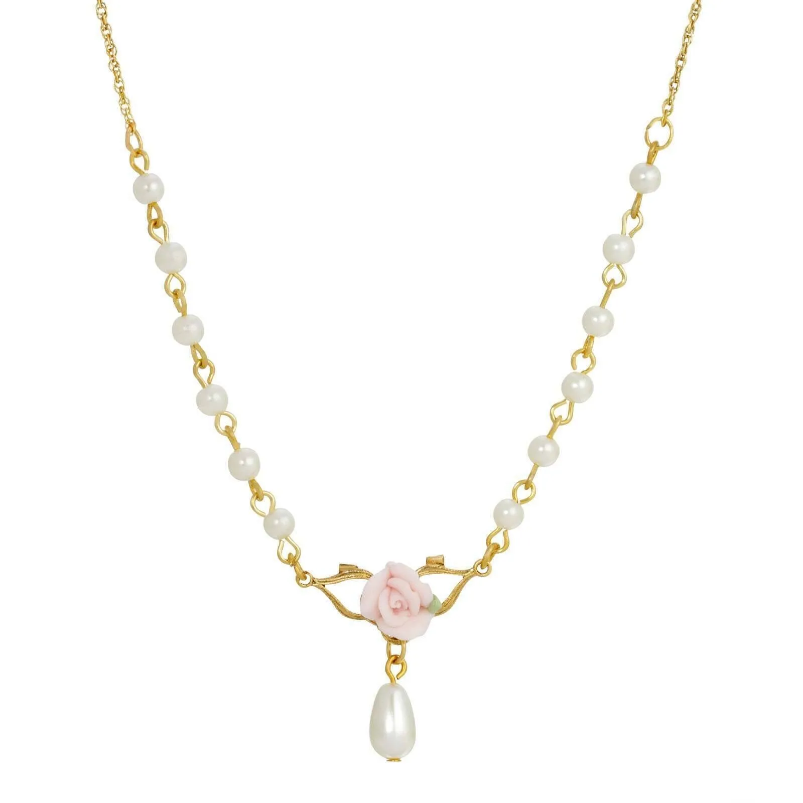 1928 Jewelry Porcelain Rose 4mm Faux Pearl Drop Necklace 16"   3" Extender 1928 Jewelry