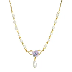 1928 Jewelry Porcelain Rose 4mm Faux Pearl Drop Necklace 16"   3" Extender 1928 Jewelry