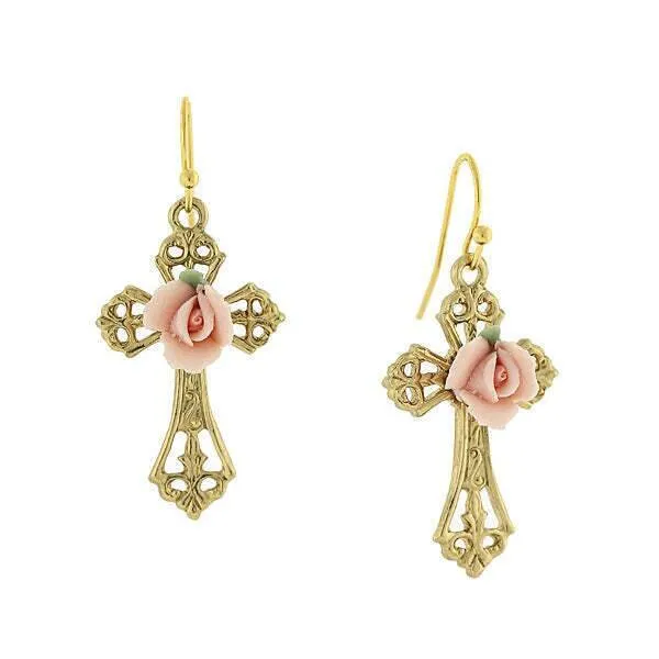 1928 Jewelry Porcelain Rose Cross Drop Earrings 1928 Jewelry