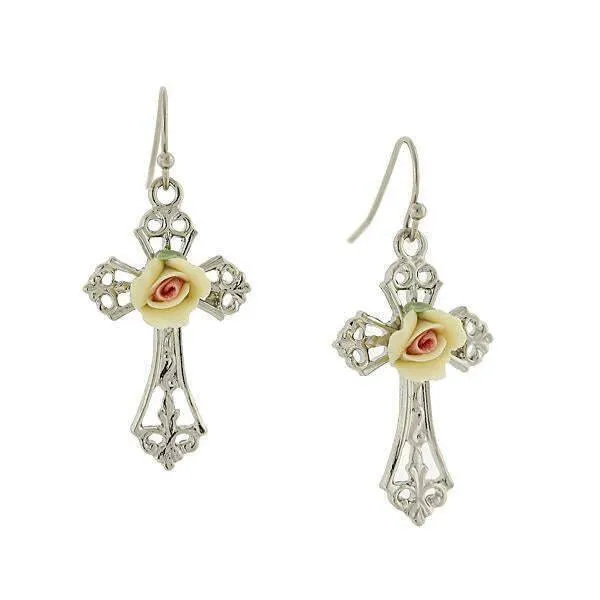 1928 Jewelry Porcelain Rose Cross Drop Earrings 1928 Jewelry