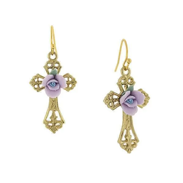 1928 Jewelry Porcelain Rose Cross Drop Earrings 1928 Jewelry