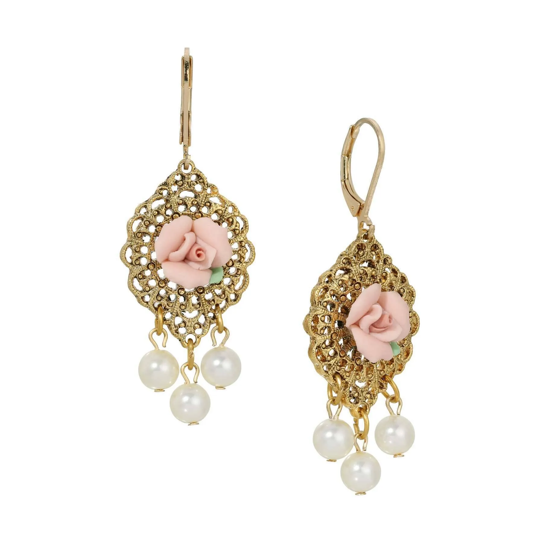 1928 Jewelry Porcelain Rose Faux Pearl Drop Earrings 1928 Jewelry