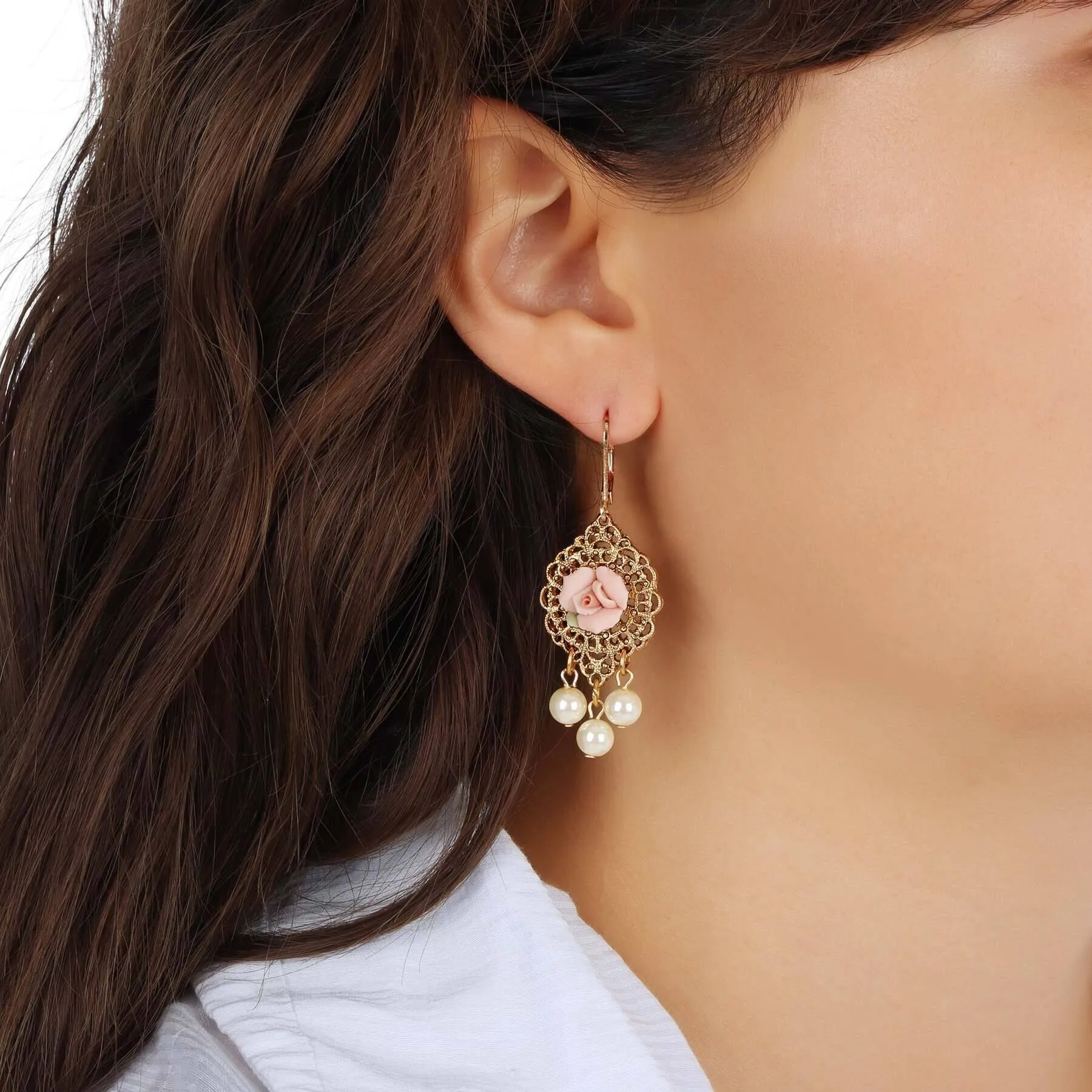 1928 Jewelry Porcelain Rose Faux Pearl Drop Earrings 1928 Jewelry