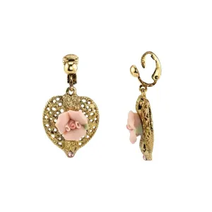 1928 Jewelry Porcelain Rose Filigree Heart Clip On Earrings 1928 Jewelry
