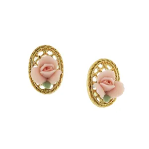 1928 Jewelry Porcelain Rose Filigree Oval Button Earrings 1928 Jewelry