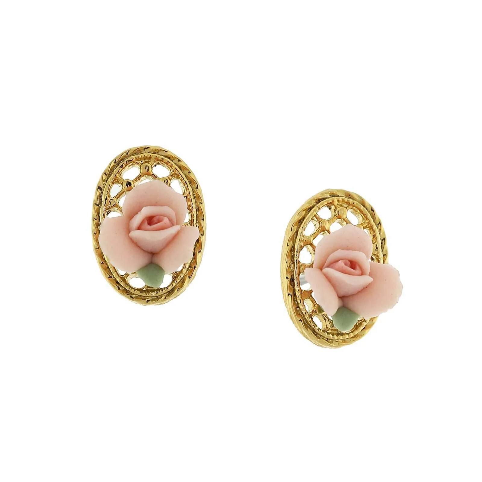 1928 Jewelry Porcelain Rose Filigree Oval Button Earrings 1928 Jewelry