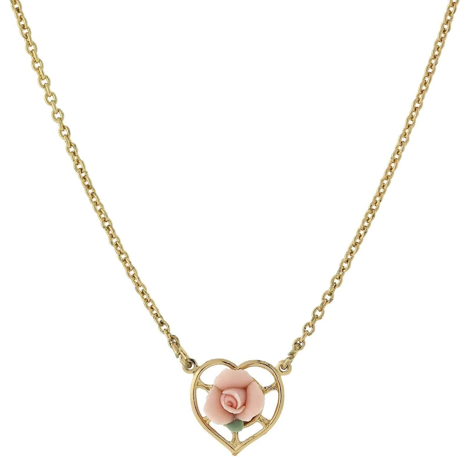 1928 Jewelry Porcelain Rose Heart Pendant Necklace 16"   3" Extender 1928 Jewelry