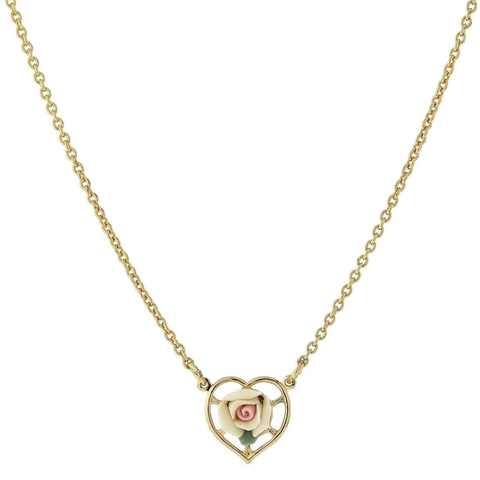 1928 Jewelry Porcelain Rose Heart Pendant Necklace 16"   3" Extender 1928 Jewelry