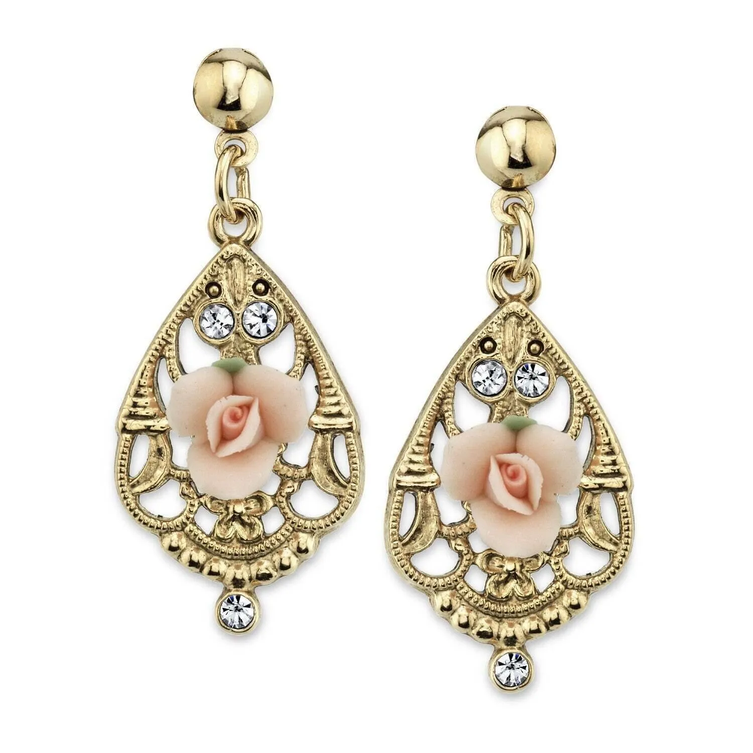 1928 Jewelry Porcelain Rose With Crystal Accent Filigree Drop Earrings 1928 Jewelry