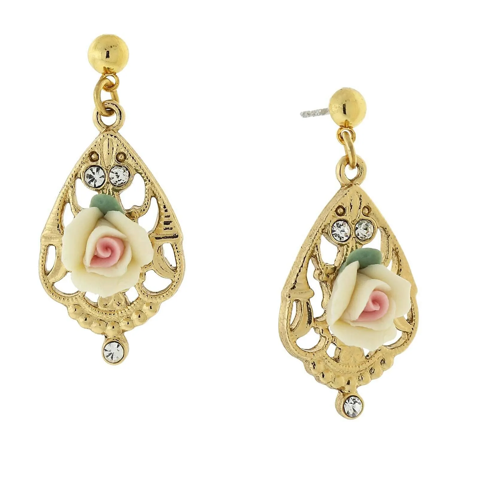 1928 Jewelry Porcelain Rose With Crystal Accent Filigree Drop Earrings 1928 Jewelry