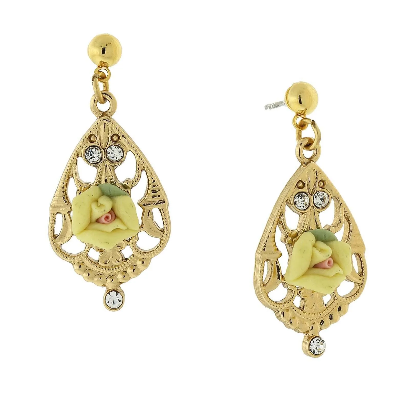 1928 Jewelry Porcelain Rose With Crystal Accent Filigree Drop Earrings 1928 Jewelry