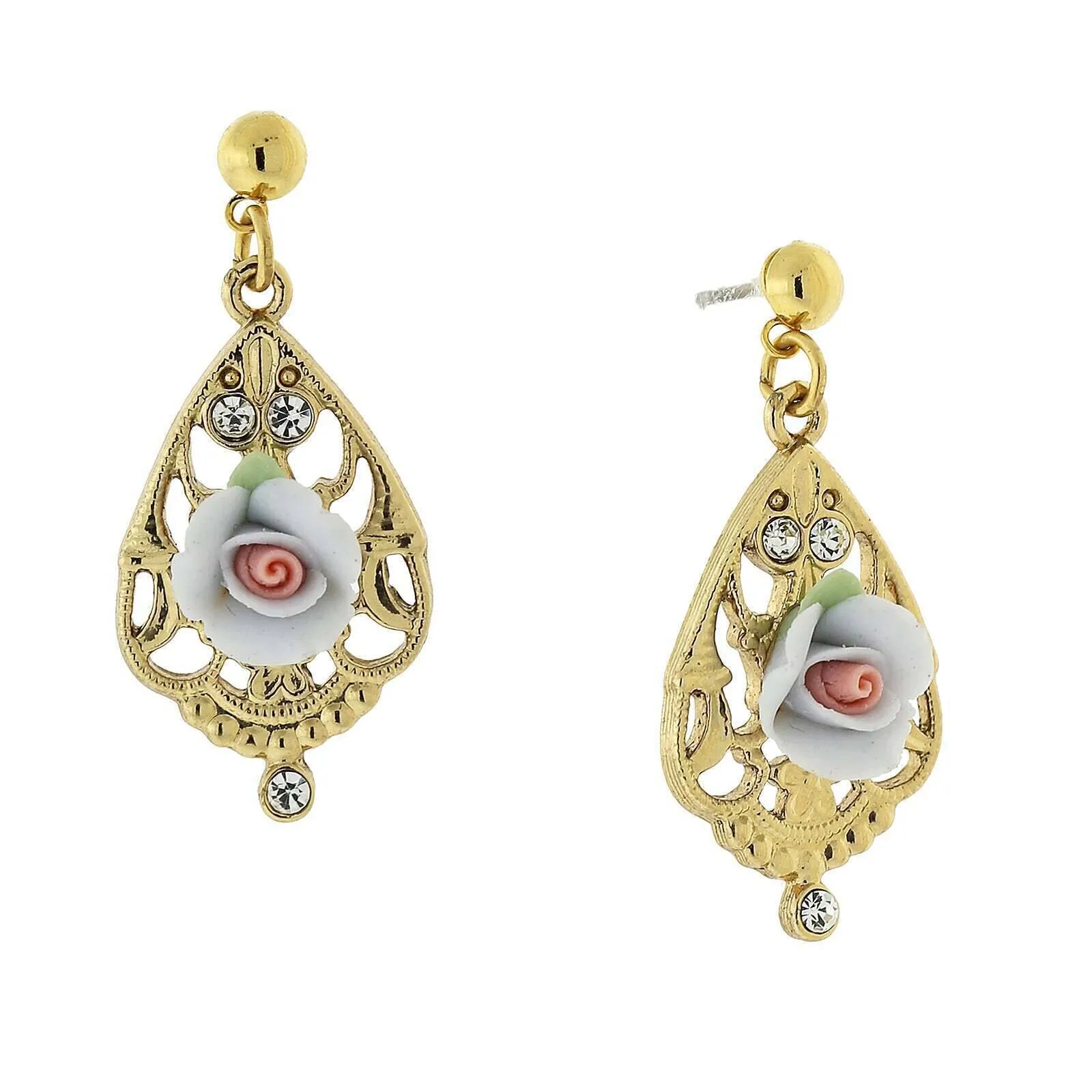 1928 Jewelry Porcelain Rose With Crystal Accent Filigree Drop Earrings 1928 Jewelry