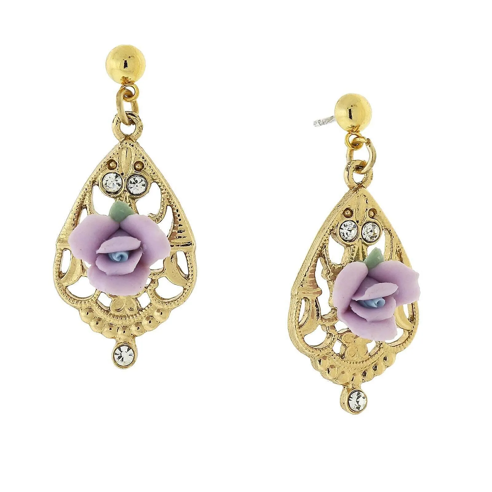 1928 Jewelry Porcelain Rose With Crystal Accent Filigree Drop Earrings 1928 Jewelry