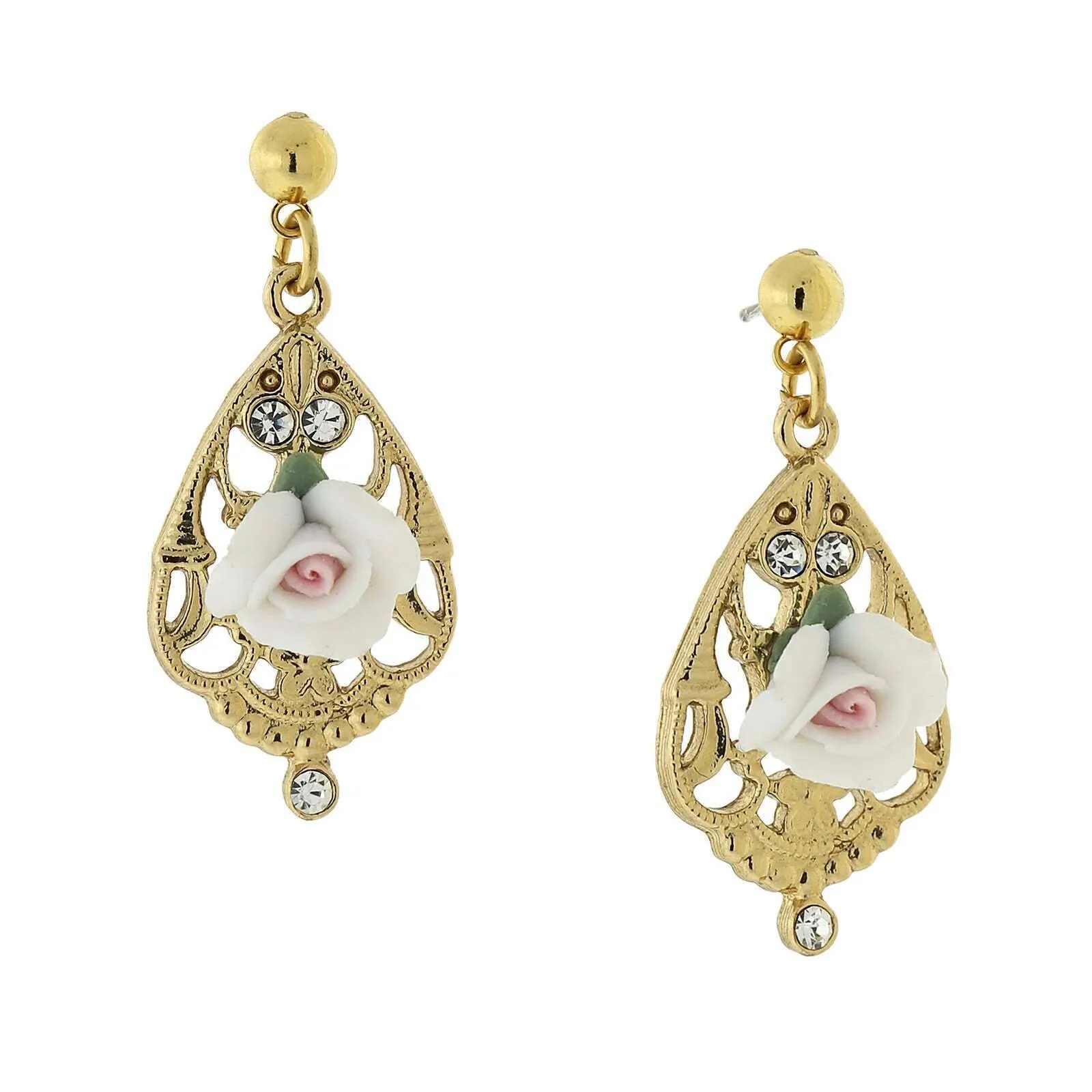1928 Jewelry Porcelain Rose With Crystal Accent Filigree Drop Earrings 1928 Jewelry