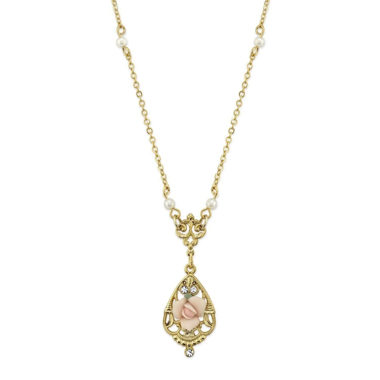 1928 Jewelry Porcelain Rose With Crystal Accent Pendant Necklace 17" 1928 Jewelry