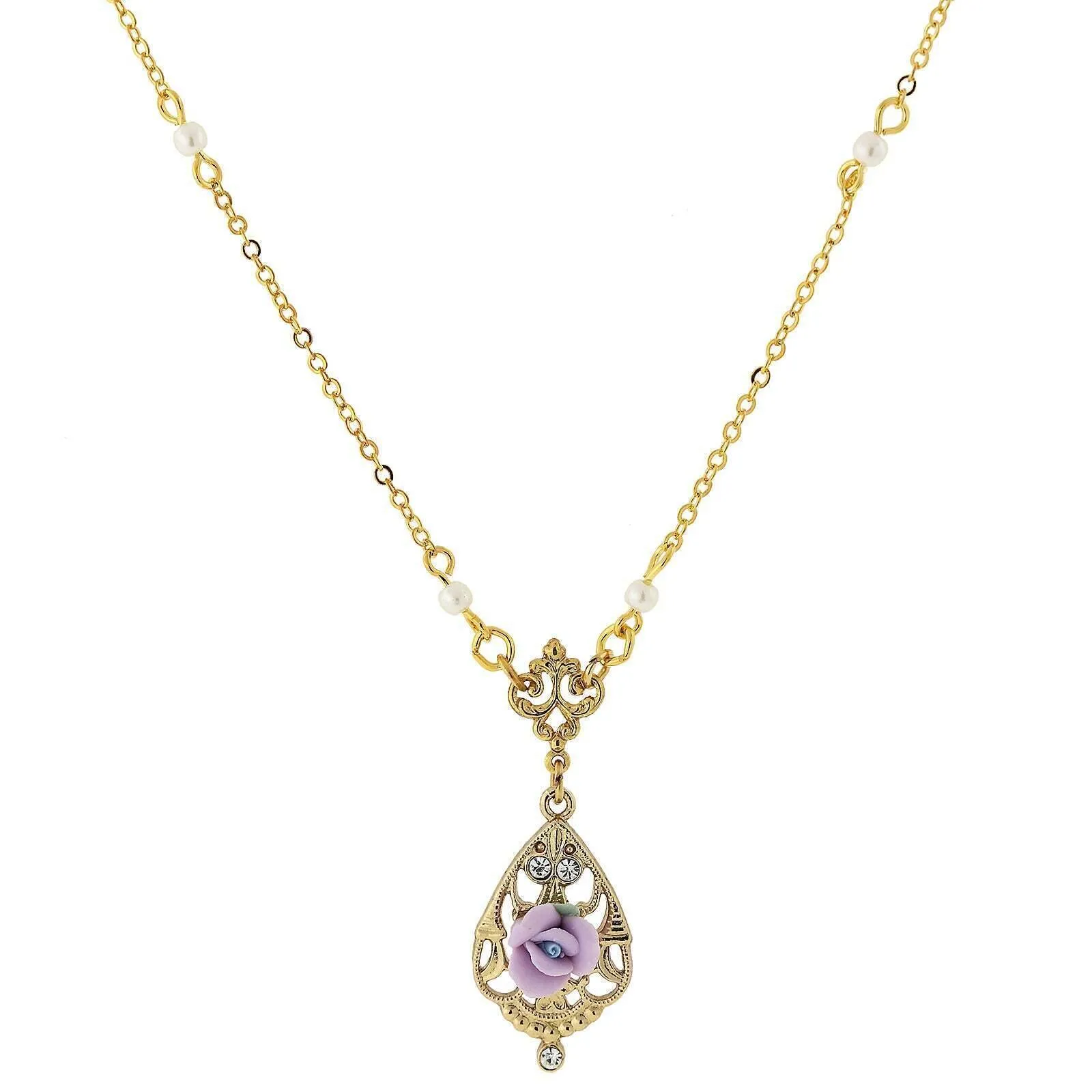 1928 Jewelry Porcelain Rose With Crystal Accent Pendant Necklace 17" 1928 Jewelry
