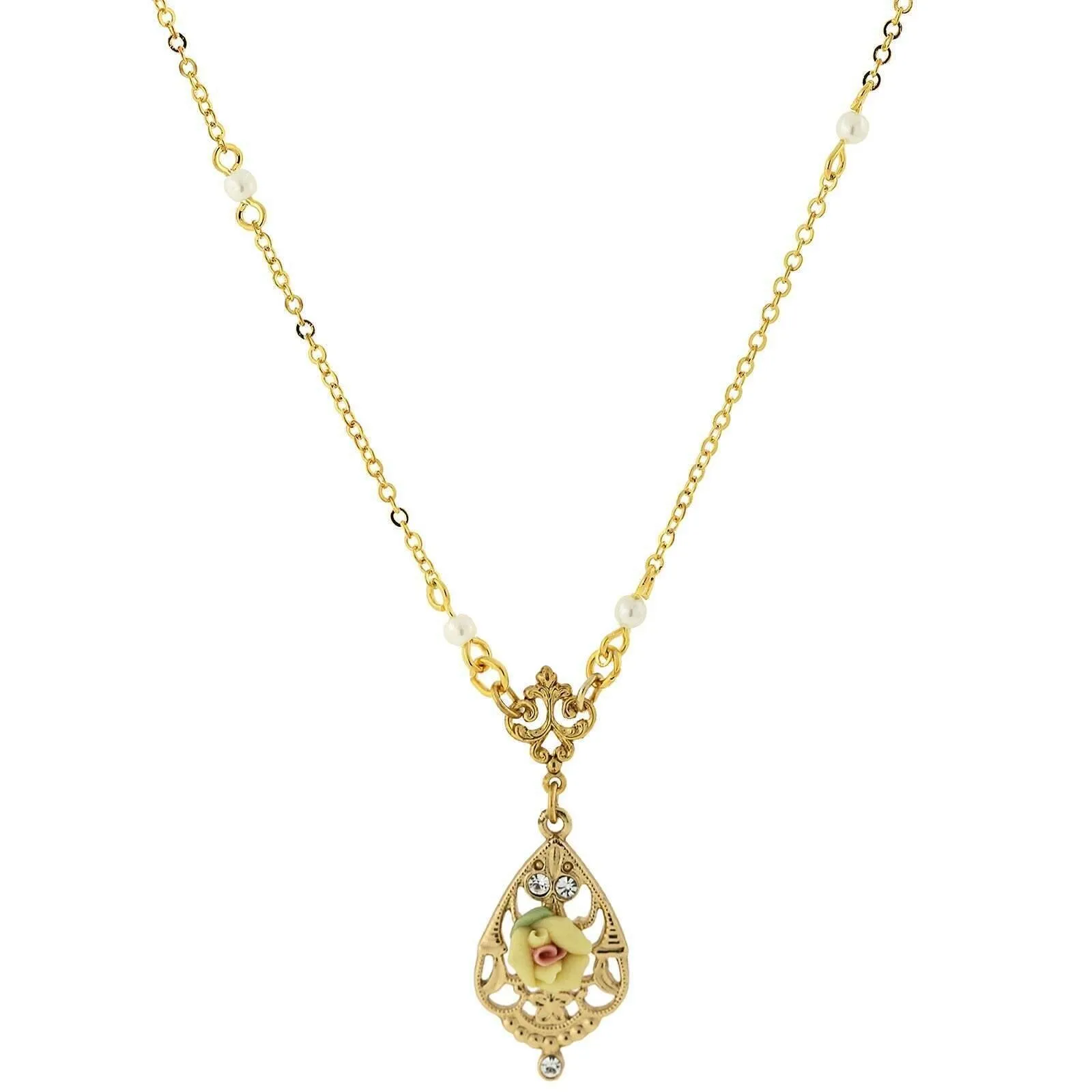 1928 Jewelry Porcelain Rose With Crystal Accent Pendant Necklace 17" 1928 Jewelry
