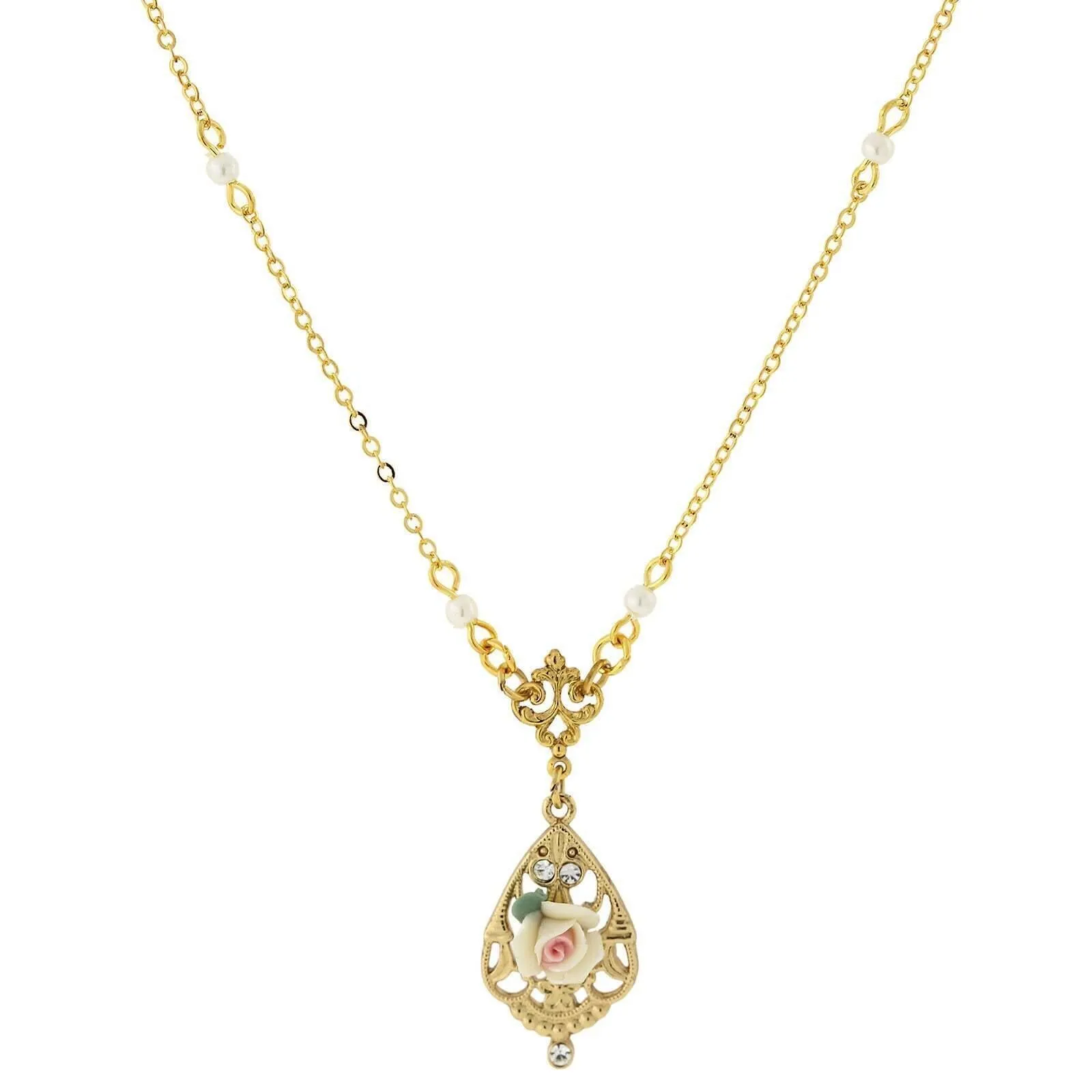1928 Jewelry Porcelain Rose With Crystal Accent Pendant Necklace 17" 1928 Jewelry