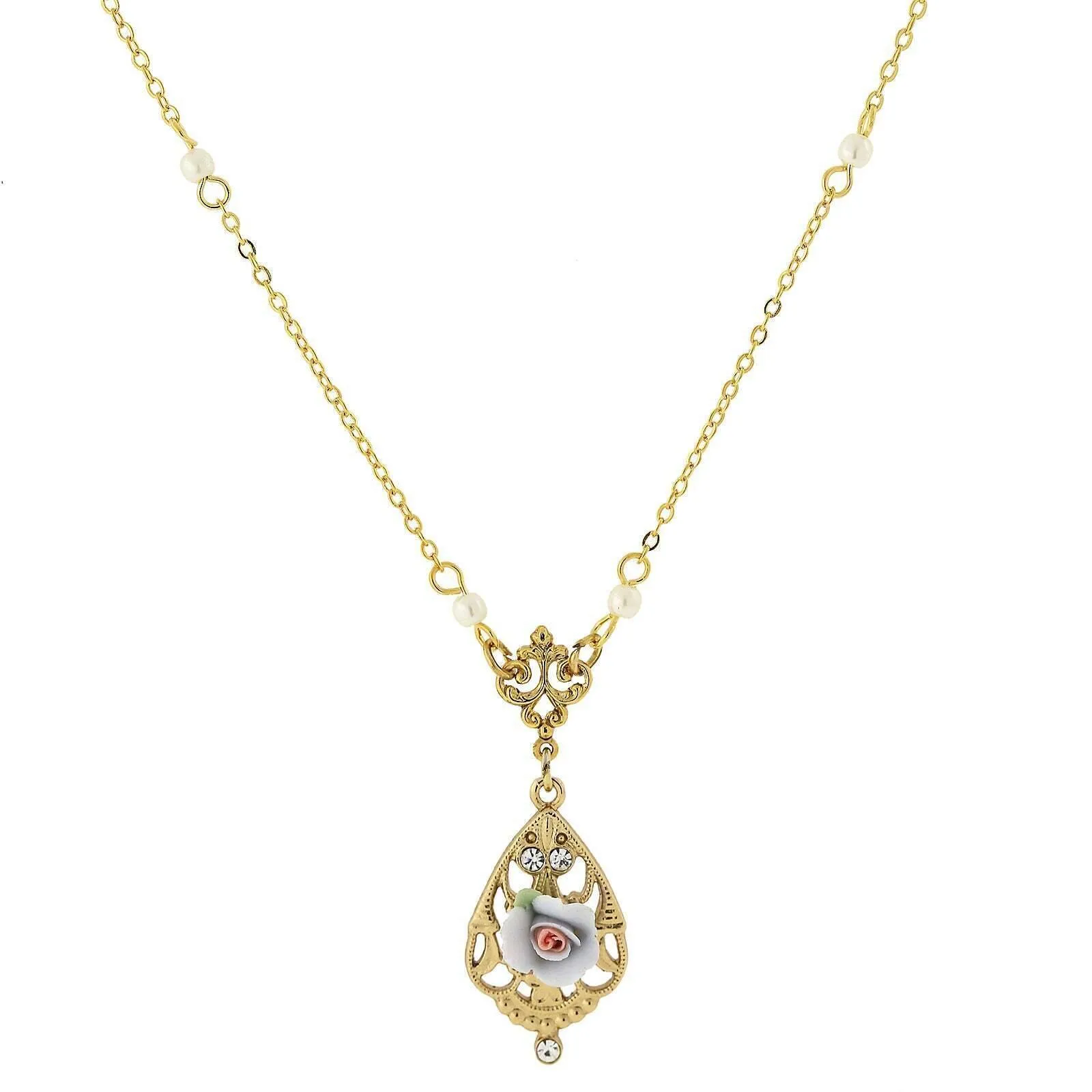 1928 Jewelry Porcelain Rose With Crystal Accent Pendant Necklace 17" 1928 Jewelry