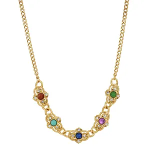 1928 Jewelry Prestige Textured Link Crystal Multi Color Stone Collar Necklace 15"   3" Extender 1928 Jewelry