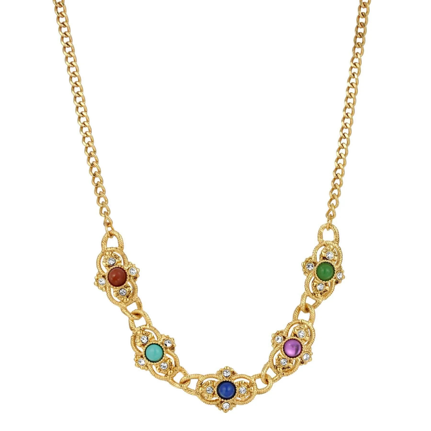 1928 Jewelry Prestige Textured Link Crystal Multi Color Stone Collar Necklace 15"   3" Extender 1928 Jewelry