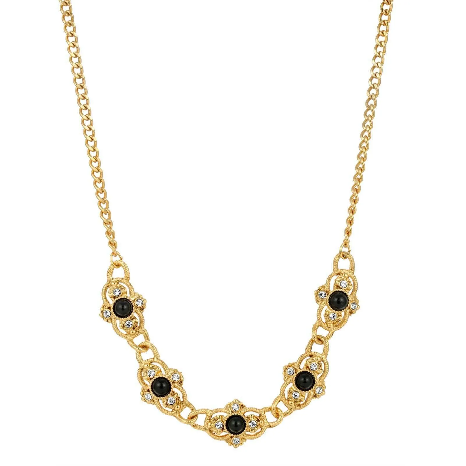 1928 Jewelry Prestige Textured Link Crystal Round Stone Collar Necklace 15" 1928 Jewelry