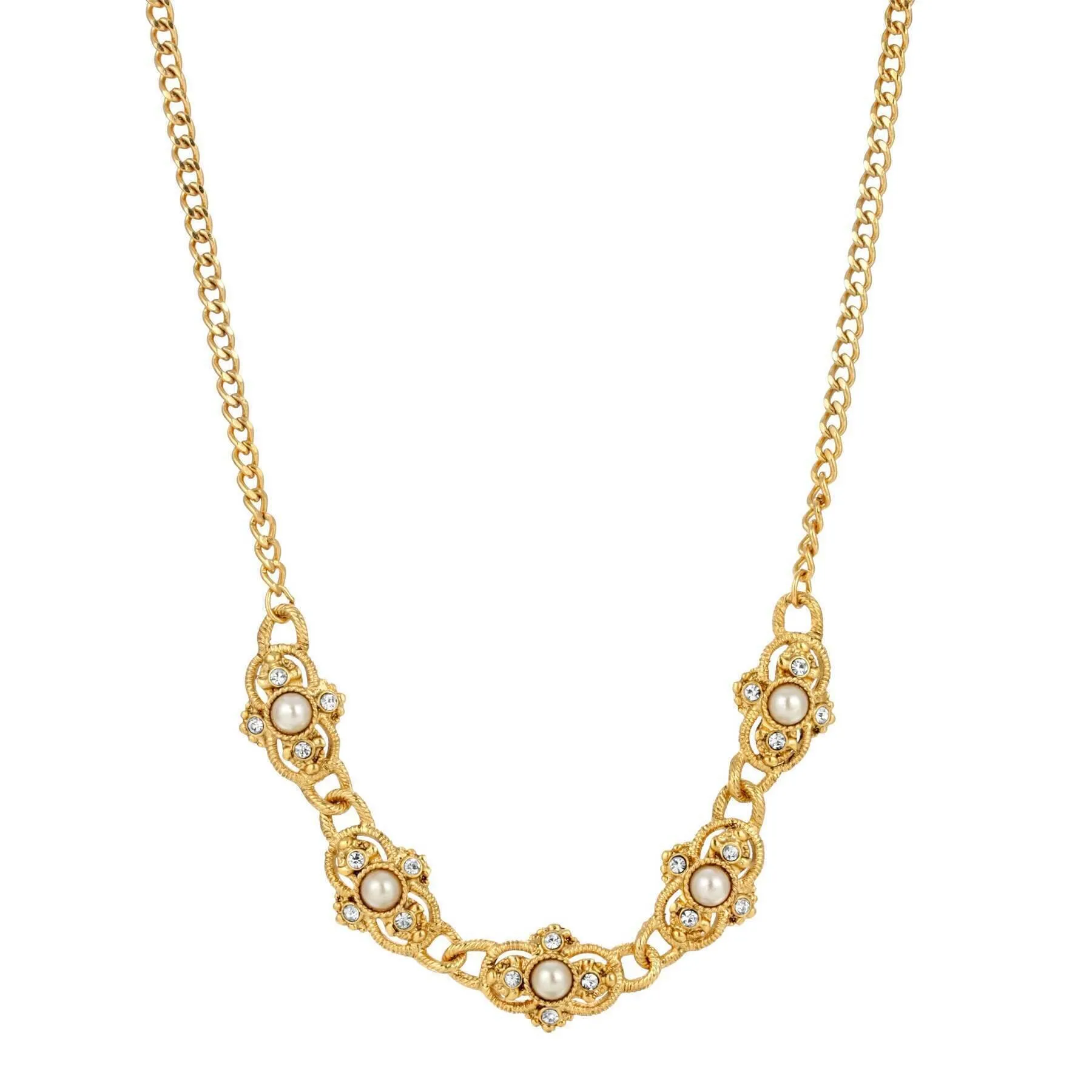 1928 Jewelry Prestige Textured Link Crystal Round Stone Collar Necklace 15" 1928 Jewelry