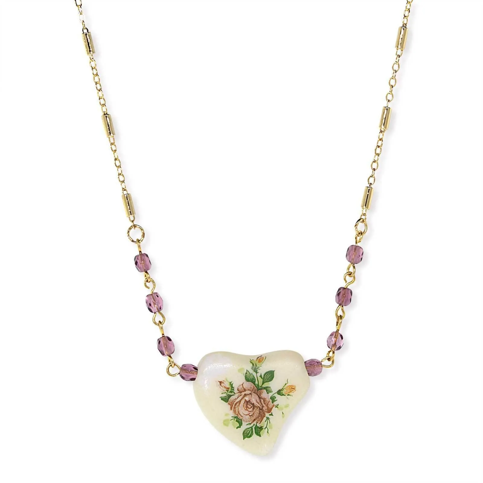 1928 Jewelry Purple Beaded White Heart With Pink Floral Decal Necklace 16"   3" Extender 1928 Jewelry