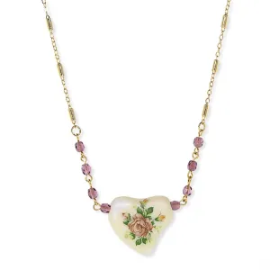 1928 Jewelry Purple Beaded White Heart With Pink Floral Decal Necklace 16"   3" Extender 1928 Jewelry