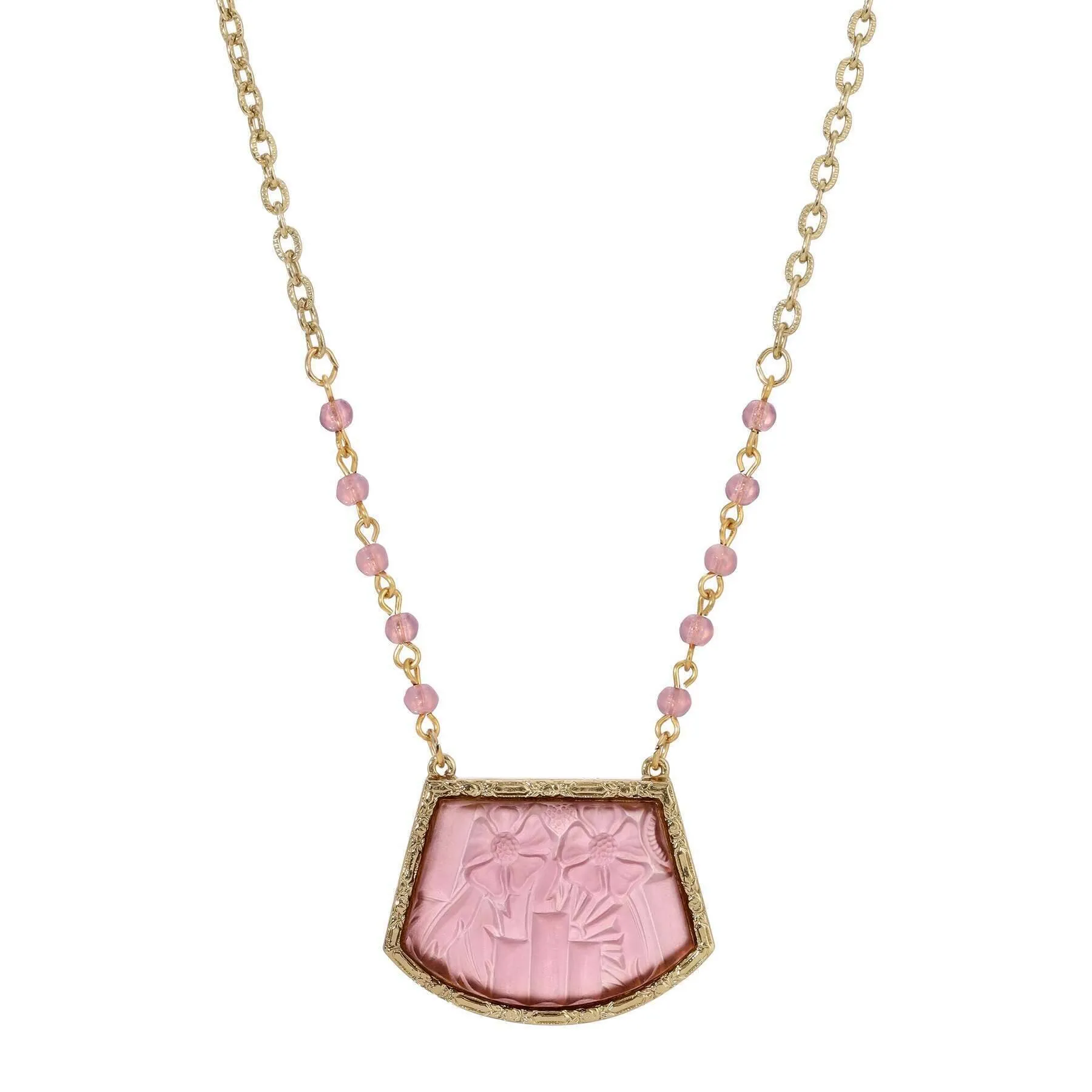 1928 Jewelry Purple Frosted Glass Flower Stone Pendant Necklace 16"   3" Extender 1928 Jewelry