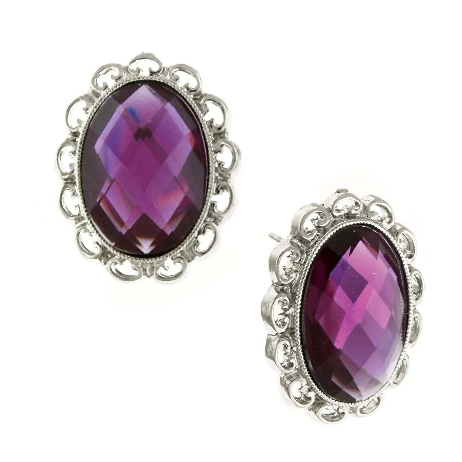 1928 Jewelry Purple Stone Faceted Oval Button Earrings 1928 Jewelry