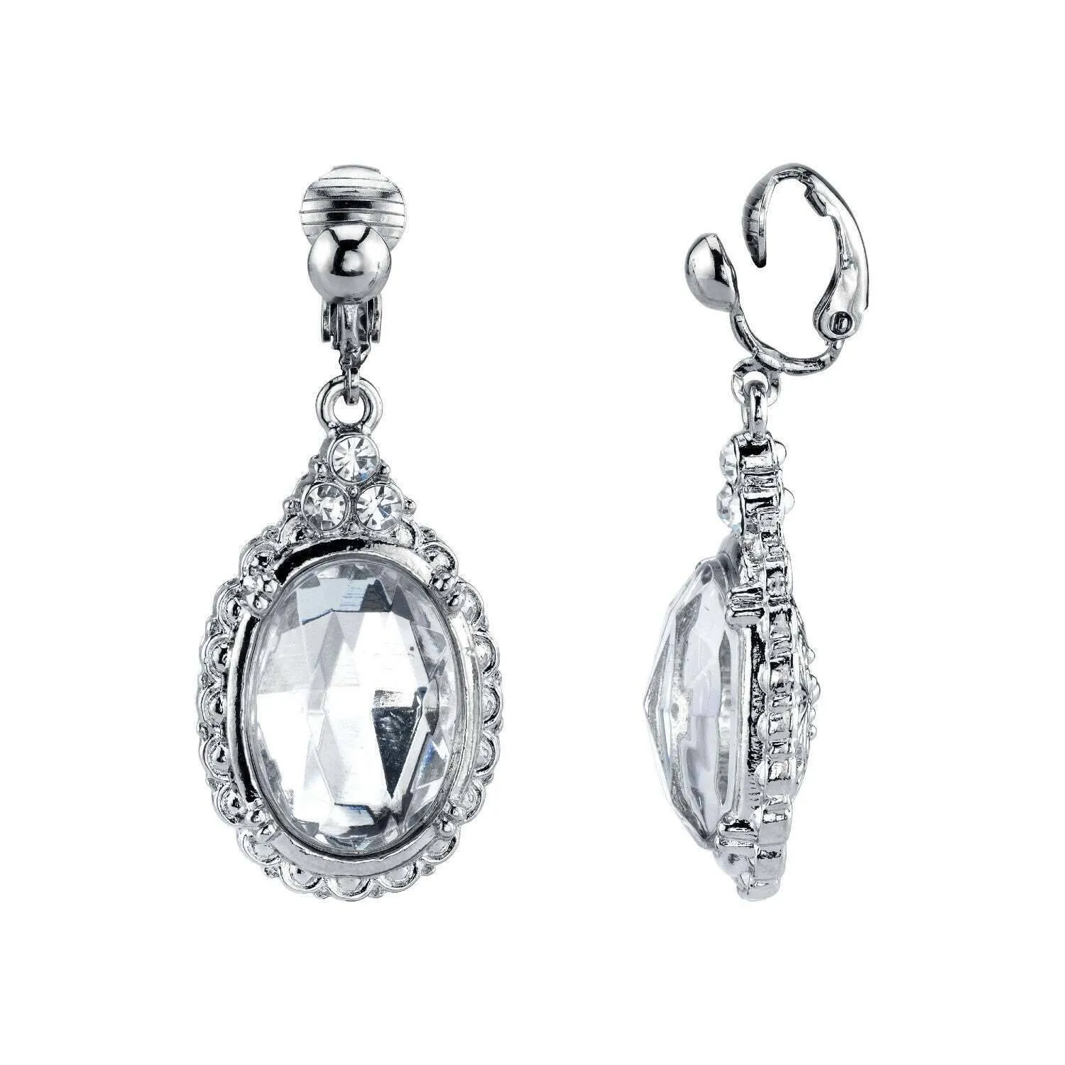 1928 Jewelry "Victorian" Oval Multi Faceted Crystal Clip On Drop Earrings 1928 Jewelry