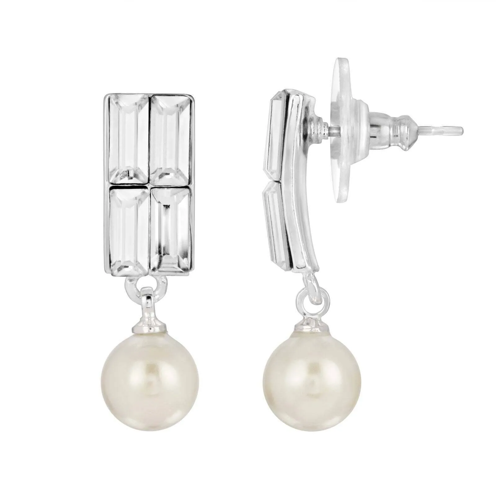 1928 Jewelry Rectangular Clear Crystal & Faux Pearl Post Drop Earrings 1928 Jewelry