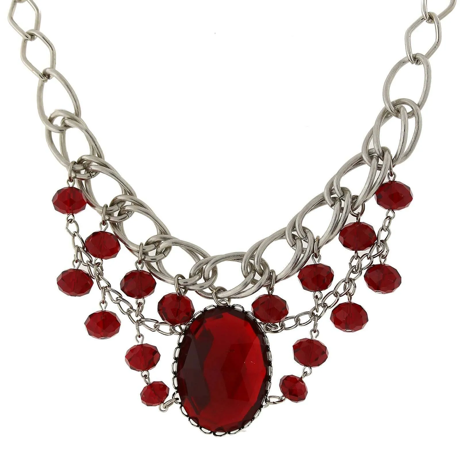 1928 Jewelry Red Faceted Oval Stone And Crystal Bead Bib Necklace 18" 1928 Jewelry