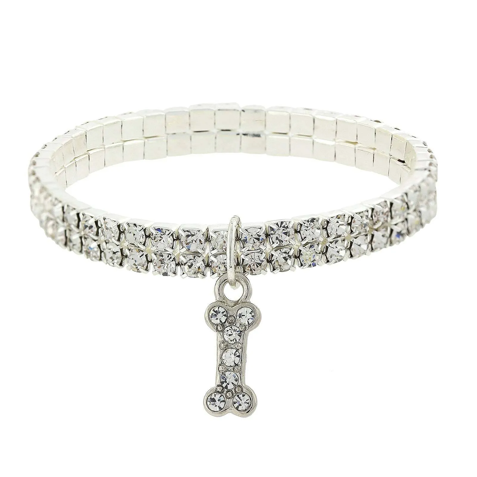 1928 Jewelry Rhinestone Crystal Two Row Stretch With Dog Bone Charm Bracelet 1928 Jewelry