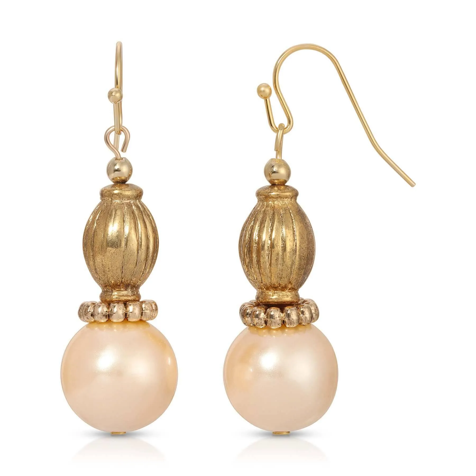1928 Jewelry Ridged Bead Faux Pearl Dangle Drop Earrings 1928 Jewelry