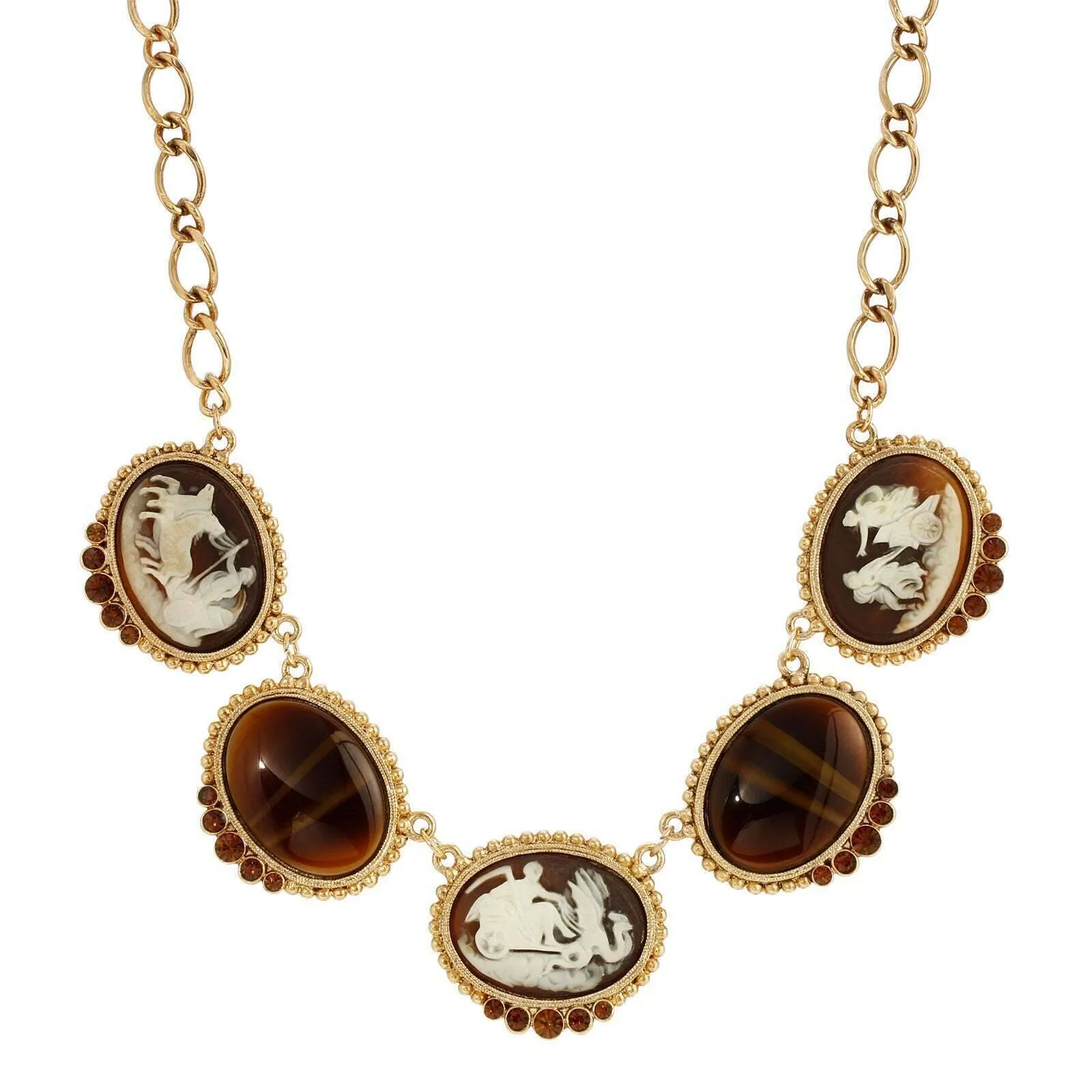 1928 Jewelry Roman Chariots Gala Cameo & Tigers Eye Stones Necklace 16"   3" Extender 1928 Jewelry