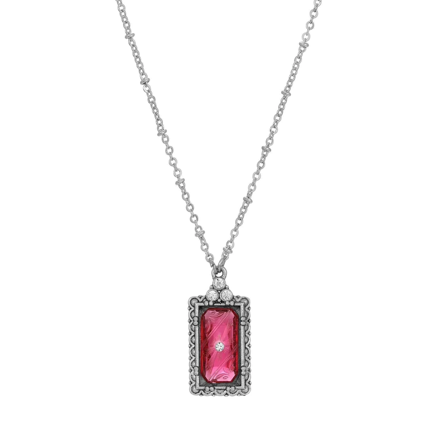 1928 Jewelry Romana Octagon Etched Glass & Crystal Pendant Necklace 18" 1928 Jewelry