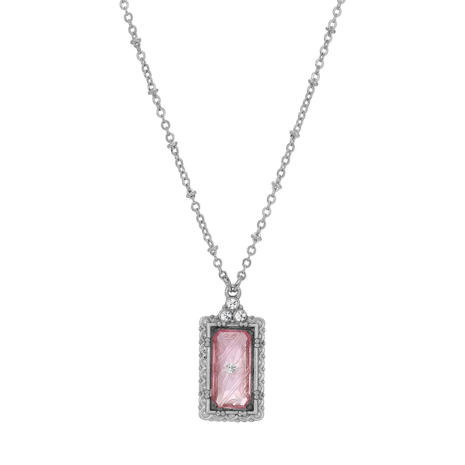 1928 Jewelry Romana Octagon Etched Glass & Crystal Pendant Necklace 18" 1928 Jewelry