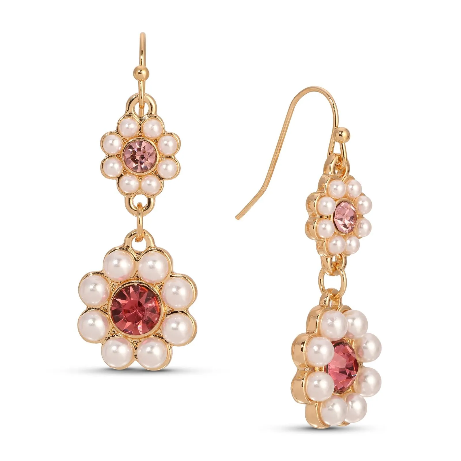 1928 Jewelry Romantic Faux Pearl Pearl & Pink Crystal Double Flower Dangling Earrings 1928 Jewelry