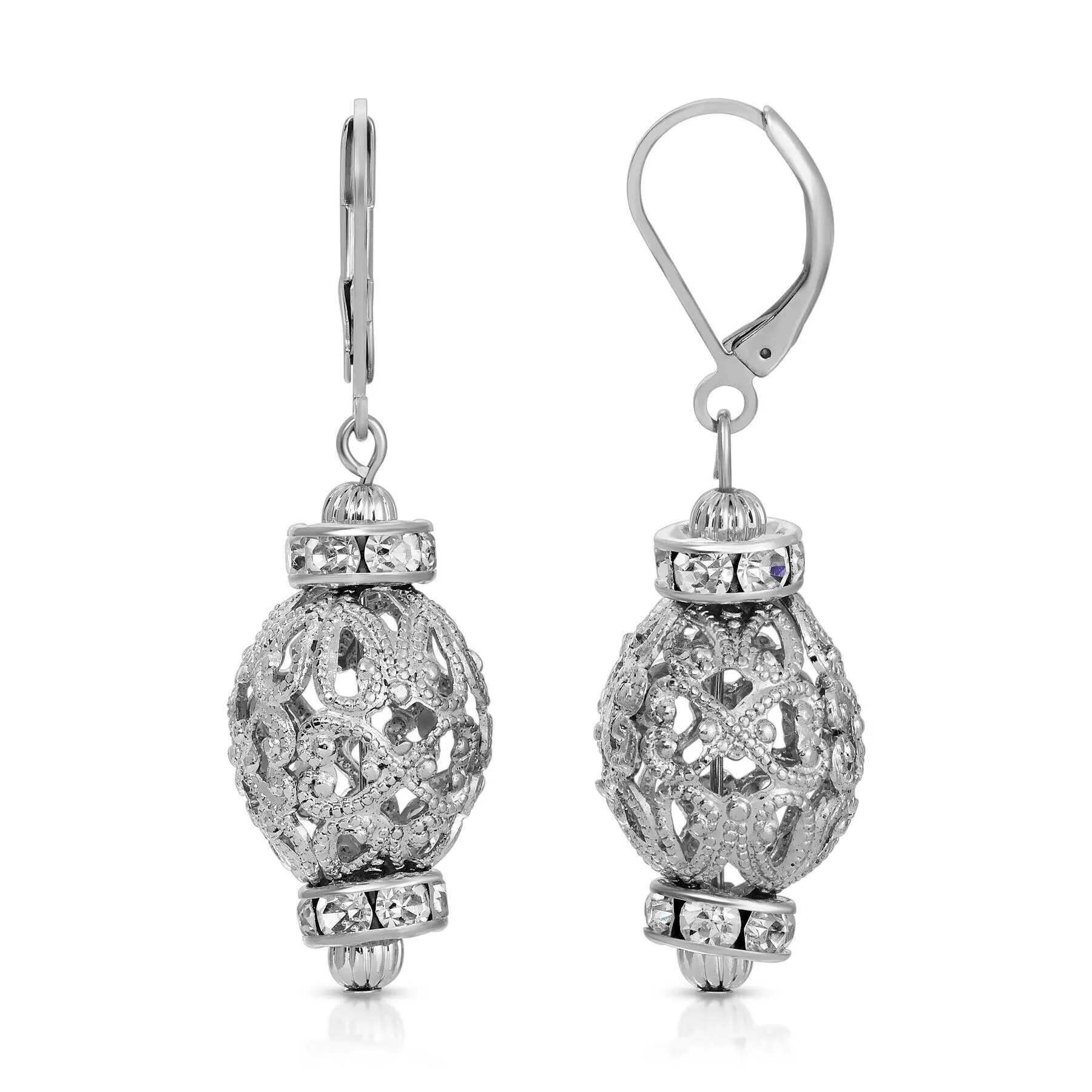 1928 Jewelry Rondelle Crystal Beaded Oval Filigree Puff Drop Earrings 1928 Jewelry
