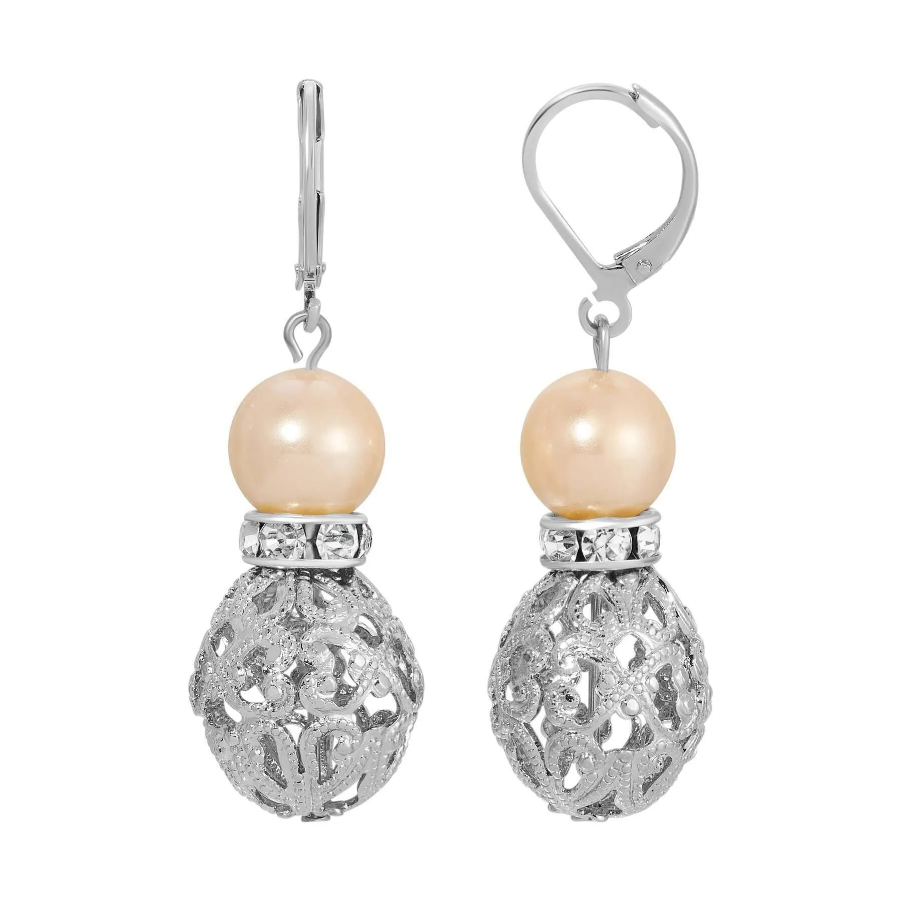 1928 Jewelry Rosabella Light Peach Faux Pearl Filigree Puff Bead Drop Earrings 1928 Jewelry