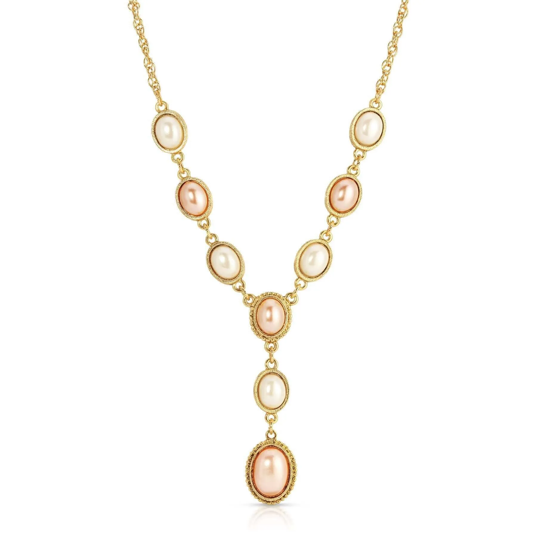 1928 Jewelry Rosabella Oval Raspberry & White Faux Pearl Y- Necklace 16"   3" Extender 1928 Jewelry