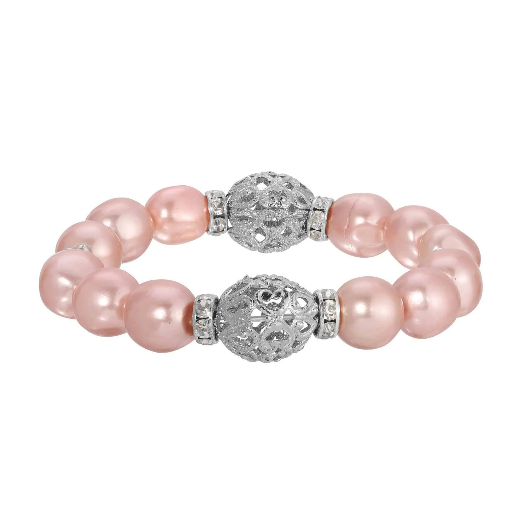 1928 Jewelry Rosabella Pink Faux Pearl Filigree Puff Bead Stretch Bracelet 1928 Jewelry