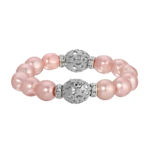 1928 Jewelry Rosabella Pink Faux Pearl Filigree Puff Bead Stretch Bracelet 1928 Jewelry