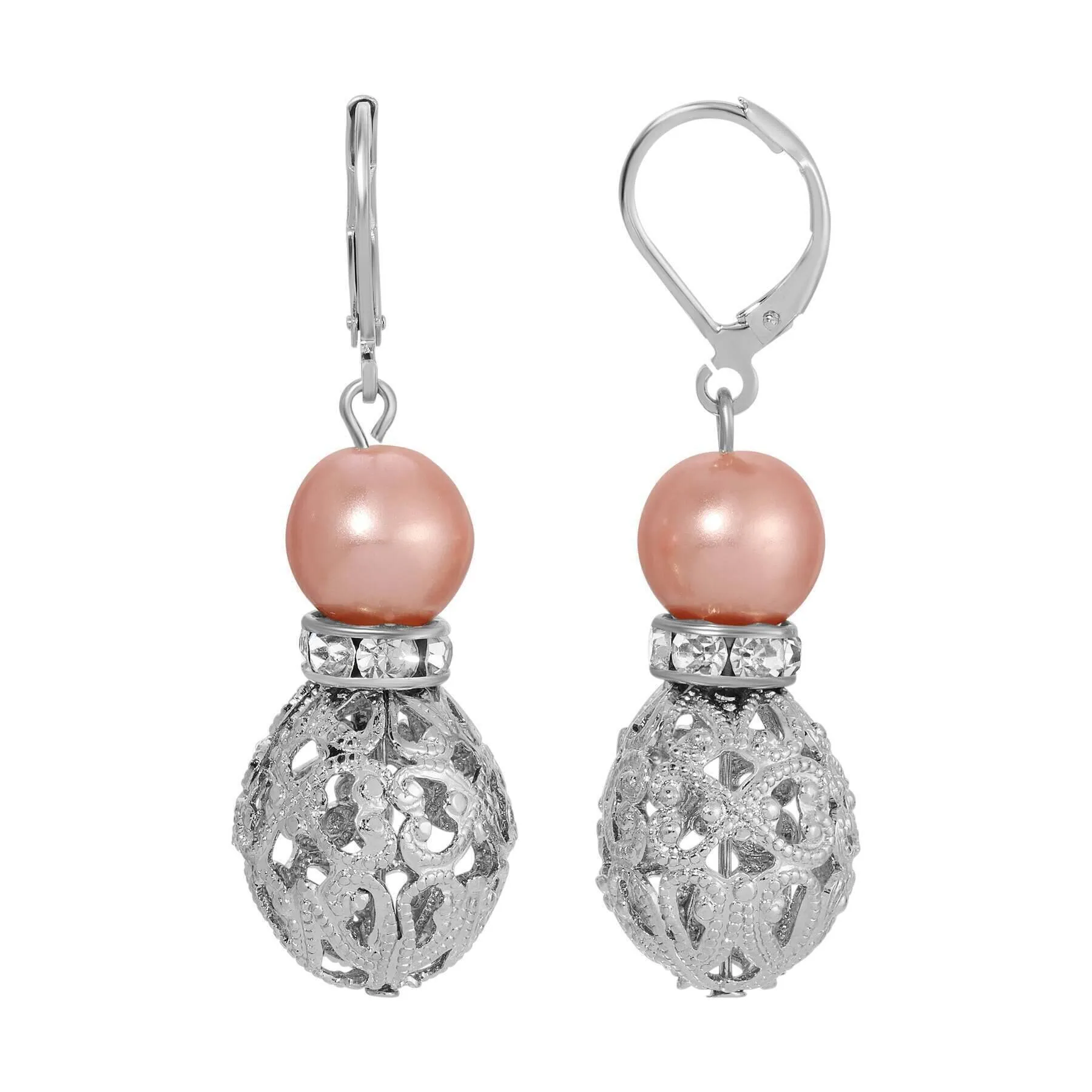 1928 Jewelry Rosabella Raspberry Faux Pearl Filigree Puff Bead Drop Earrings 1928 Jewelry